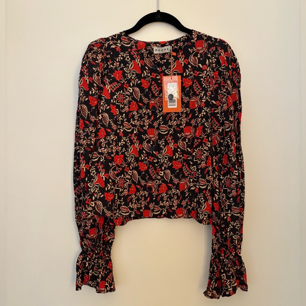 RHODE Black Red Floral Long-Sleeve Blouse